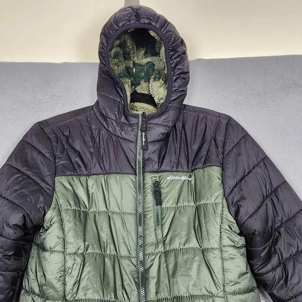 Eddie Bauer Jacket Boys Large Green Black Reversible Camo Hooded Puffer Coat